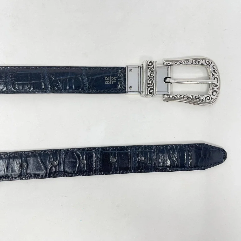Brighton Reversible Leather Belt Wms 36 Navy Blue Brown Croc Embossed Silver